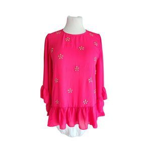 Michael Kors Deep Pink Embellished Flared Sleeve Blouse Top Women's M NWT